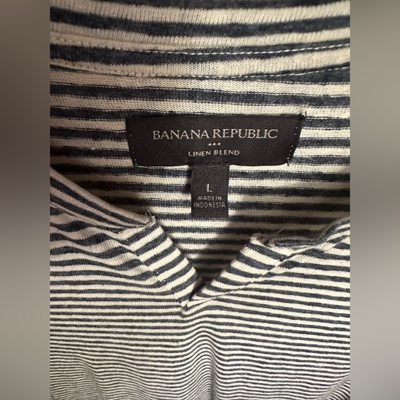 Banana Republic Henley T Shirt Men Slub Linen Blend Navy striped  SS NWOT - Picture 3 of 6